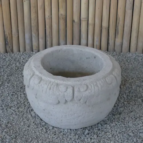 Product image of the product “Balinese style flat round pot, with carving - 60 cm Dia., 35cm Height, Taro sand ”